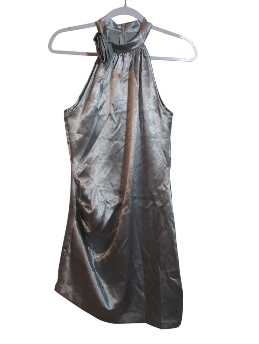 Cider Satin Halter Dress with Neck Flower Sleeveless Asymmetrical - Silver Sz M